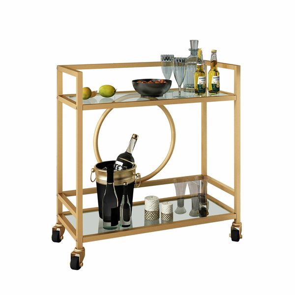 Gold Bar Cart Trolley Serving Drink Coffee Liquor Tea Wine Cocktail Alcohol Whiskey Trolly Rolling Mobile Metal Wheels 2 Tiers Tempered Glass