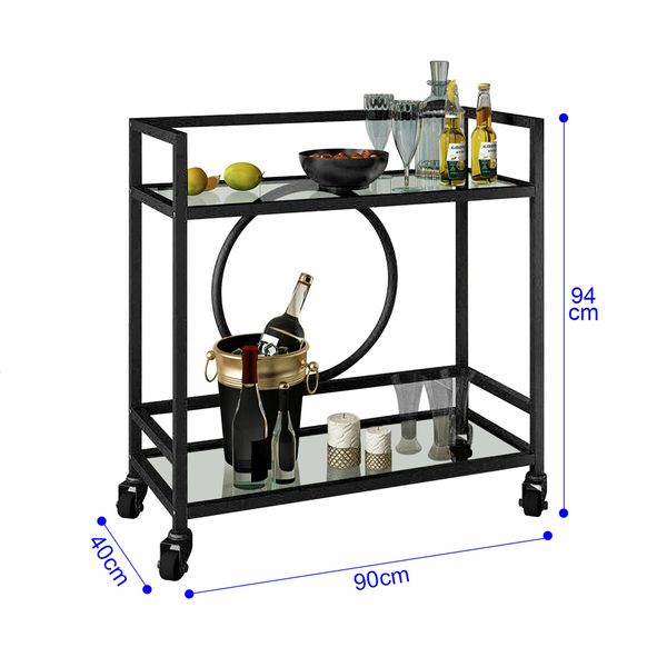 Black Bar Cart Trolley Drink Coffee Serving Liquor Tea Wine Cocktail Alcohol Whiskey Trolly Beverage 4 Rolling Wheels 2 Trays Tempered Glass