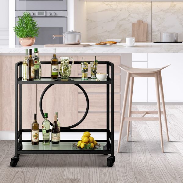 Black Bar Cart Trolley Drink Coffee Serving Liquor Tea Wine Cocktail Alcohol Whiskey Trolly Beverage 4 Rolling Wheels 2 Trays Tempered Glass