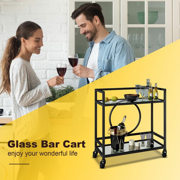 Black Bar Cart Trolley Drink Coffee Serving Liquor Tea Wine Cocktail Alcohol Whiskey Trolly Beverage 4 Rolling Wheels 2 Trays Tempered Glass