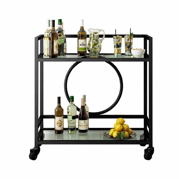 Black Bar Cart Trolley Drink Coffee Serving Liquor Tea Wine Cocktail Alcohol Whiskey Trolly Beverage 4 Rolling Wheels 2 Trays Tempered Glass