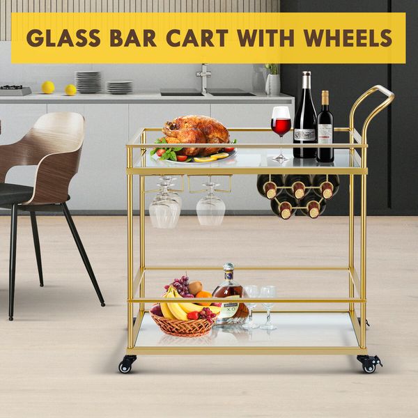 Bar Cart Gold Drinks Coffee Trolley Serving Liquor Wine Cocktail Alcohol Whiskey Trolly Holder Home Kitchen Rolling Metal Tempered Glass Storage