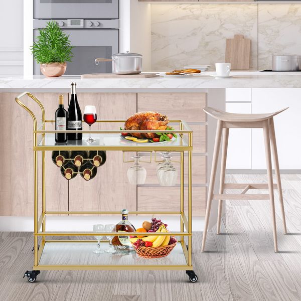 Bar Cart Gold Drinks Coffee Trolley Serving Liquor Wine Cocktail Alcohol Whiskey Trolly Holder Home Kitchen Rolling Metal Tempered Glass Storage