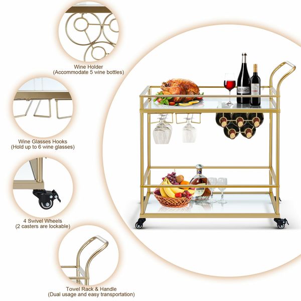 Bar Cart Gold Drinks Coffee Trolley Serving Liquor Wine Cocktail Alcohol Whiskey Trolly Holder Home Kitchen Rolling Metal Tempered Glass Storage