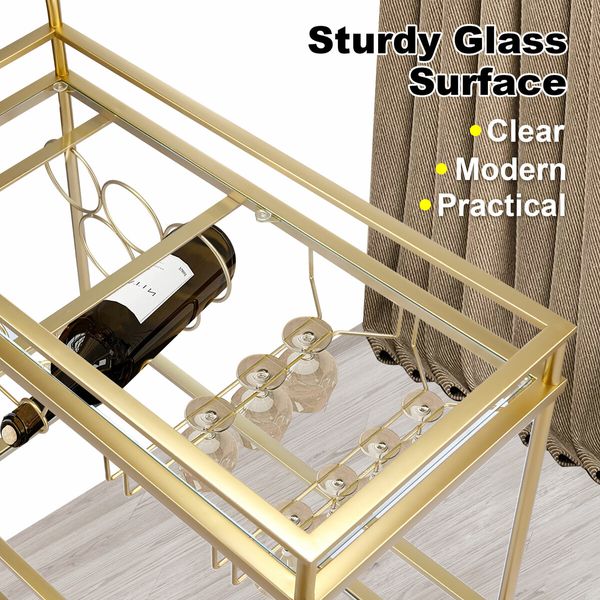 Bar Cart Gold Drinks Coffee Trolley Serving Liquor Wine Cocktail Alcohol Whiskey Trolly Holder Home Kitchen Rolling Metal Tempered Glass Storage