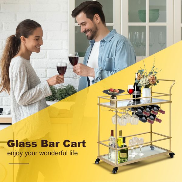 Bar Cart Gold Drinks Coffee Trolley Serving Liquor Wine Cocktail Alcohol Whiskey Trolly Holder Home Kitchen Rolling Metal Tempered Glass Storage