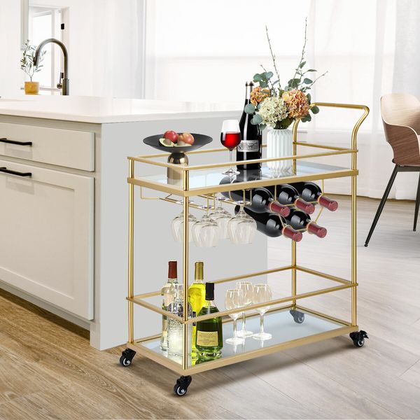 Bar Cart Gold Drinks Coffee Trolley Serving Liquor Wine Cocktail Alcohol Whiskey Trolly Holder Home Kitchen Rolling Metal Tempered Glass Storage