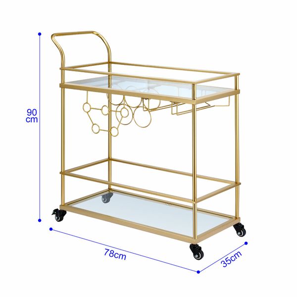 Bar Cart Gold Drinks Coffee Trolley Serving Liquor Wine Cocktail Alcohol Whiskey Trolly Holder Home Kitchen Rolling Metal Tempered Glass Storage