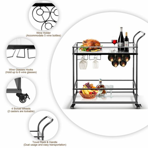 Bar Cart Black Wine Coffee Trolley Serving Drinks Liquor Tea Cocktail Alcohol Beverage Whiskey Rolling Mobile Bottle Glass Holder Home Storage