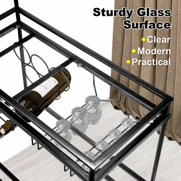 Bar Cart Black Wine Coffee Trolley Serving Drinks Liquor Tea Cocktail Alcohol Beverage Whiskey Rolling Mobile Bottle Glass Holder Home Storage