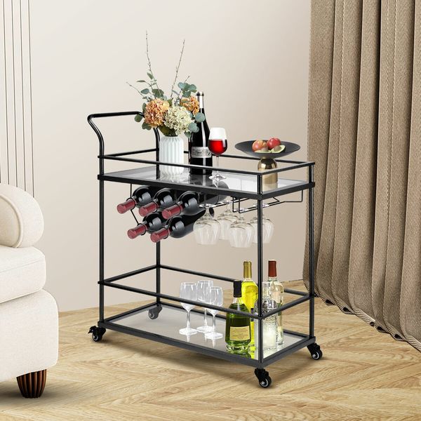 Bar Cart Black Wine Coffee Trolley Serving Drinks Liquor Tea Cocktail Alcohol Beverage Whiskey Rolling Mobile Bottle Glass Holder Home Storage