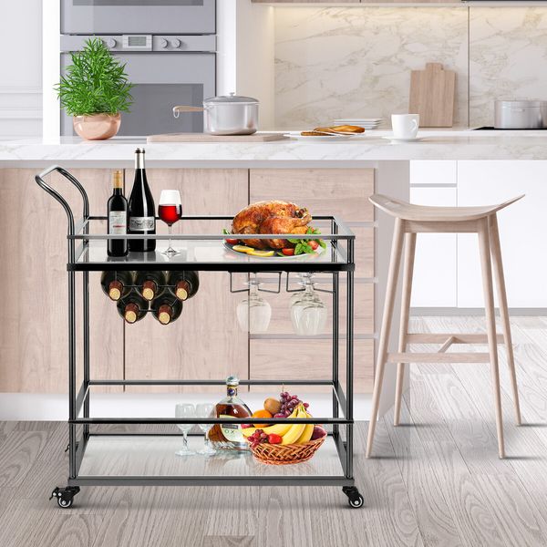 Bar Cart Black Wine Coffee Trolley Serving Drinks Liquor Tea Cocktail Alcohol Beverage Whiskey Rolling Mobile Bottle Glass Holder Home Storage