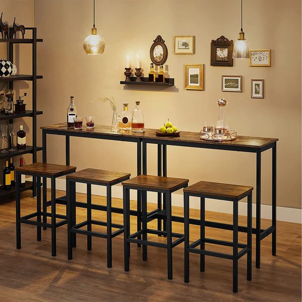 Dining Bar Table 3-Piece Set and 2 Chairs High Stool Wooden Kitchen Room Counter Pub Modern Home Metal Frame Vintage Brown