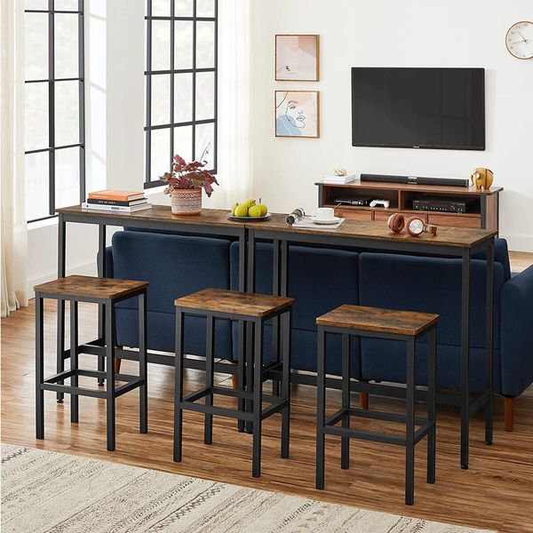 Dining Bar Table 3-Piece Set and 2 Chairs High Stool Wooden Kitchen Room Counter Pub Modern Home Metal Frame Vintage Brown