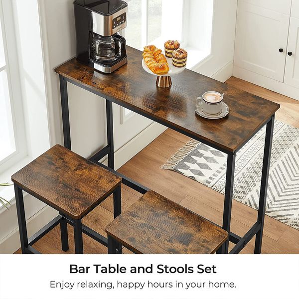 Dining Bar Table 3-Piece Set and 2 Chairs High Stool Wooden Kitchen Room Counter Pub Modern Home Metal Frame Vintage Brown