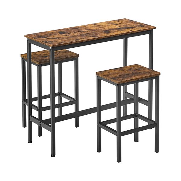 Dining Bar Table 3-Piece Set and 2 Chairs High Stool Wooden Kitchen Room Counter Pub Modern Home Metal Frame Vintage Brown