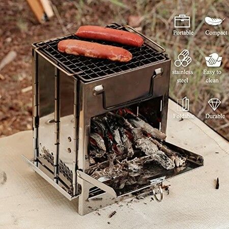 Foldable Campfire Grill, Stainless Steel BBQ Grill with Carrying Bag, Outdoor Wood Stove Burner for Backyard Patio Cooking Hiking Backpacking Picnic Travel Party