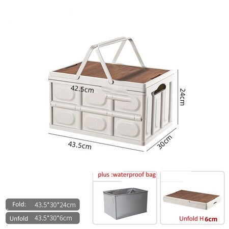 Plastic Storage Tote, Collapsible Storage Bin with Wooden Lid Waterproof Bag, Foldable Storage Crate for Car, Toys, Camping, Picnic