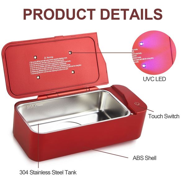 Ultrasonic Jewelry Cleaner 450ML Professional UV Machine for Eyeglasses Rings Watches Coins Tools Earrings Necklaces Dentures-Red