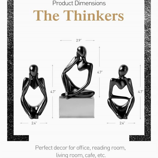 Resin Thinker Statue Gold Decor Abstract Bookshelf Sculpture for Office Book Shelf Gold Figurines Accents(Black-3 Pack)