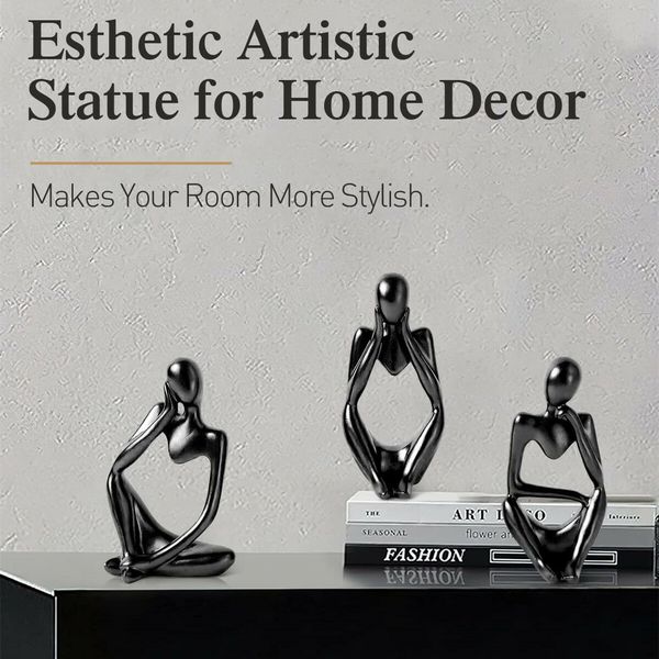 Resin Thinker Statue Gold Decor Abstract Bookshelf Sculpture for Office Book Shelf Gold Figurines Accents(Black-3 Pack)