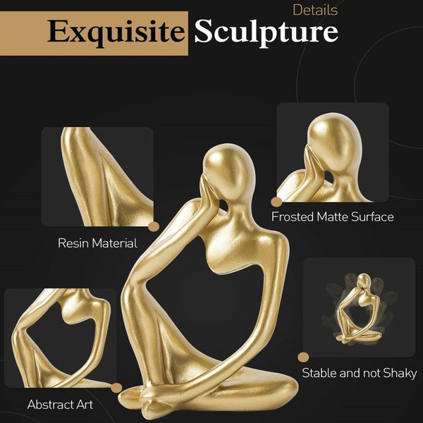 Resin Thinker Statue Gold Decor Abstract Bookshelf Sculpture for Office Book Shelf Gold Figurines Accents-3 Pack