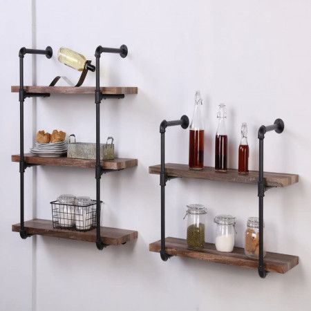 2 Tier Vintage Industrial Pipe Wall Shelf Retro Brown