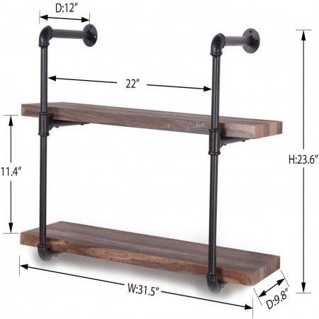 2 Tier Vintage Industrial Pipe Wall Shelf Retro Brown