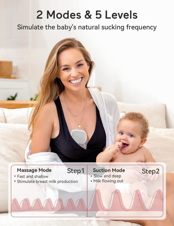 Wearable Breast Pump,Hands-Free Breast Pump,Portable Electric Breast Pump with 2 Mode & 5 Levels,Painless Breastfeeding Breastpump Can Be Worn in-Bra,24mm Grey (2Pcs)