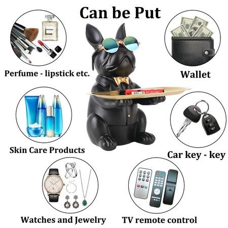 Modern Decor Resin Bulldog Tray Statue Storage Key Holder Candy Jewelry Earrings Tray Suitable for Home Decor-Black