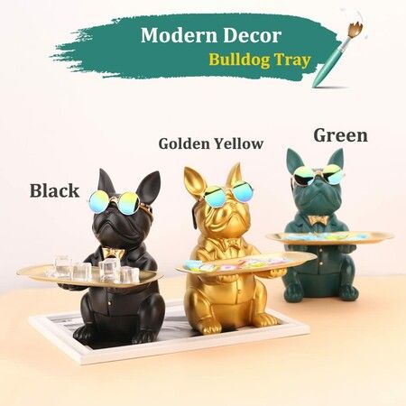 Modern Decor Resin Bulldog Tray Statue Storage Key Holder Candy Jewelry Earrings Tray Suitable for Home Decor-Black