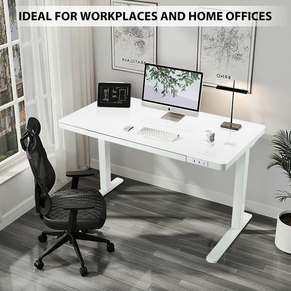 Electric Standing Desk Sit Stand Up Table Height Adjustable Motorised Rising White Computer Office Tempered Glass Top Wireless USB