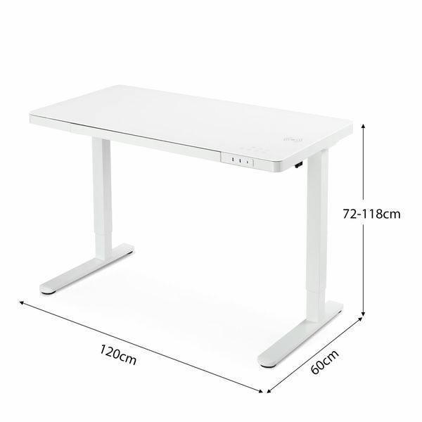 Electric Standing Desk Sit Stand Up Table Height Adjustable Motorised Rising White Computer Office Tempered Glass Top Wireless USB