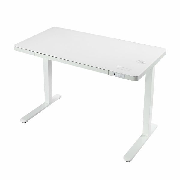 Electric Standing Desk Sit Stand Up Table Height Adjustable Motorised Rising White Computer Office Tempered Glass Top Wireless USB