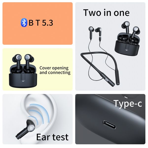 2In1 TWS Hanging-Neck Sports Bluetooth EARPHONE EARPLUG Music Auto Playing Wireless Stereo Anc Enc Dual Noise Reduction Hifi Subwoofer  Long Battery