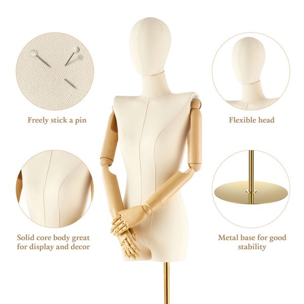 Female Mannequin Dummy Model Manikin Dressmaking Dress Form Upper Torso Adjustable Detachable Fashion Clothing Wedding Dress Display Stand 200cm