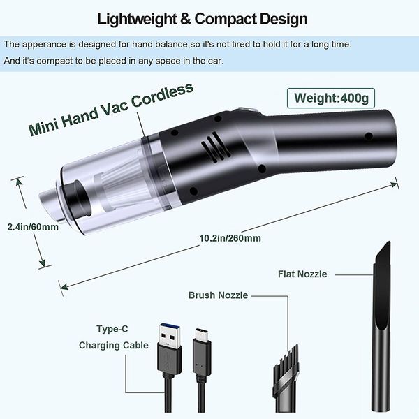 Mini Portable High Power Car Vacuum, Cordless Hand Vacuum, Rechargeable Cordless Hand Vacuum, Handheld Vacuum for Car/Desk