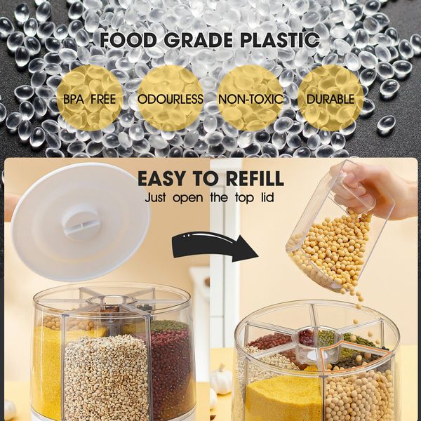 Cereal Rice Box Dispenser Rotating Dry Food Storage Container Bin Grain Flour Candy Snack 6 Grids Measuring Cup 10kg