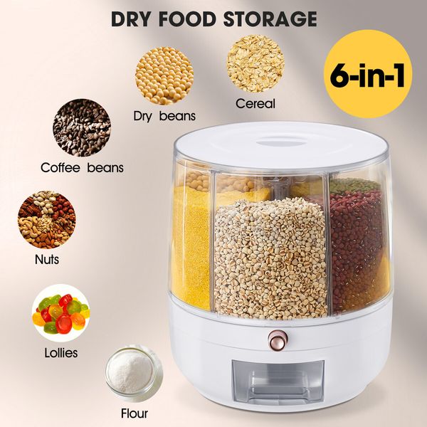 Cereal Rice Box Dispenser Rotating Dry Food Storage Container Bin Grain Flour Candy Snack 6 Grids Measuring Cup 10kg