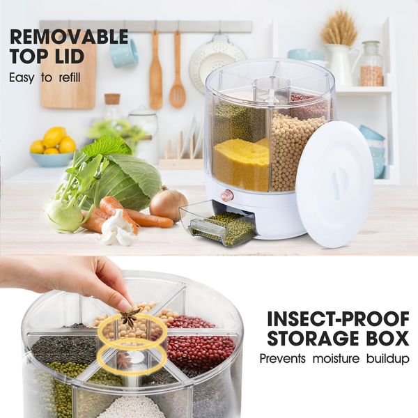 Cereal Rice Box Dispenser Rotating Dry Food Storage Container Bin Grain Flour Candy Snack 6 Grids Measuring Cup 10kg