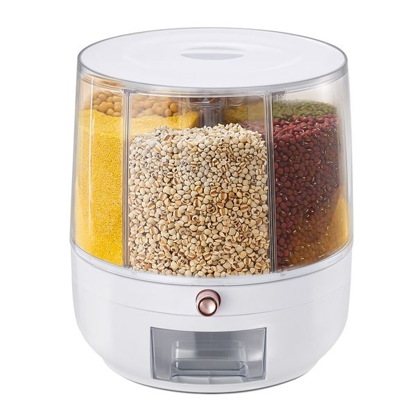 Cereal Rice Box Dispenser Rotating Dry Food Storage Container Bin Grain Flour Candy Snack 6 Grids Measuring Cup 10kg