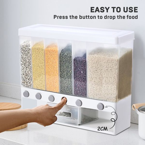 Cereal Rice Box Dispenser Dry Food Flour Storage Grain Container Candy Bin 10kg Wall Mounted Freestanding 5 Partitions Measuring Tray