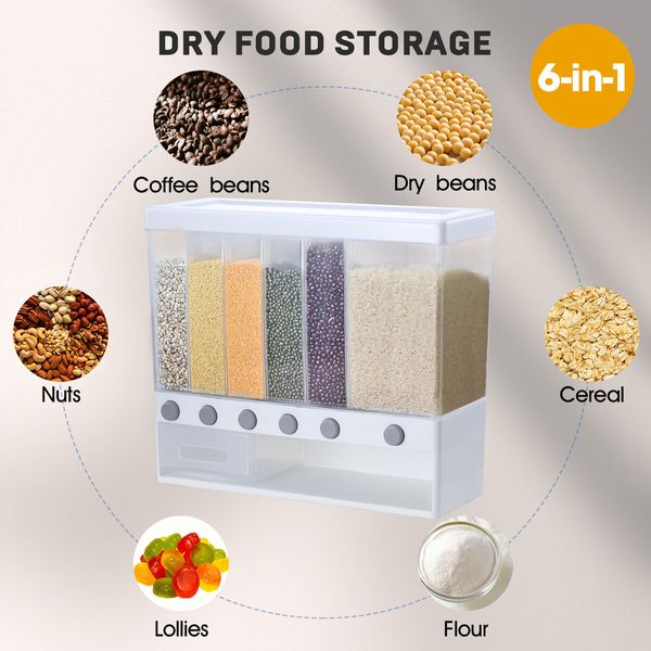 Cereal Rice Box Dispenser Dry Food Flour Storage Grain Container Candy Bin 10kg Wall Mounted Freestanding 5 Partitions Measuring Tray