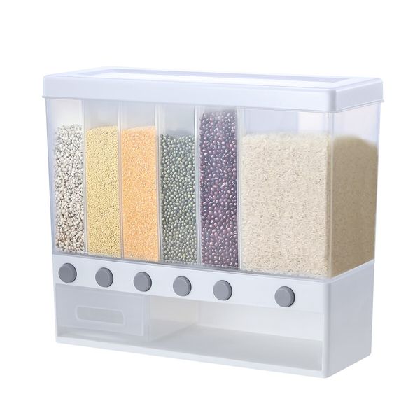 Cereal Rice Box Dispenser Dry Food Flour Storage Grain Container Candy Bin 10kg Wall Mounted Freestanding 5 Partitions Measuring Tray