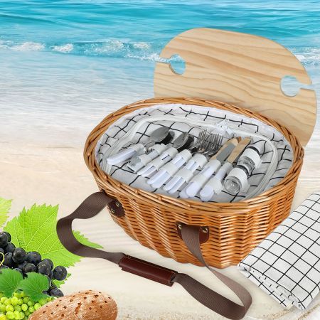 Picnic Basket Set Willow Baskets Outdoor Storage Foldable Insulated Bag 4Person