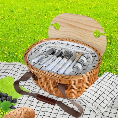 Picnic Basket Set Willow Baskets Outdoor Storage Foldable Insulated Bag 4Person