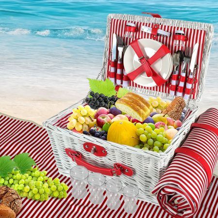 Picnic Basket Set Baskets 4 Person Wicker Outdoor Insulated Cooler Bag Blanket