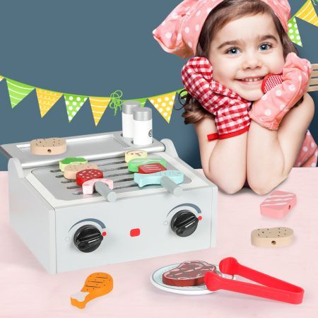 Kids Kitchen Play Set Wooden Toys Children Cooking BBQ Role Food Home Cookware