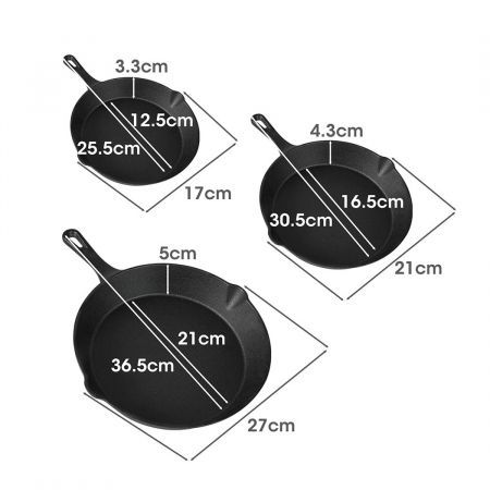 TOQUE Non Stick Frying Pan Set 3PCS Cast Iron Steak Skillet BBQ Cookware Frypan