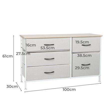 Levede Storage Cabinet Tower Chest of Drawers Dresser Tallboy 5 Drawer Beige